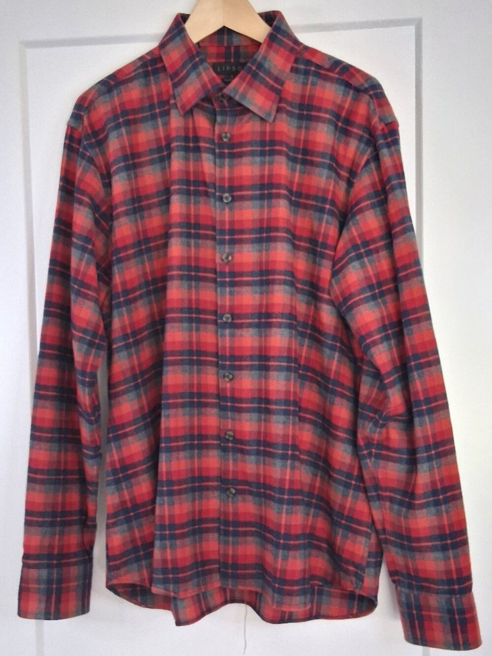 Jack Lipson Flannel Shirt Mens XL Red Navy Plaid 100% Cotton Button Up